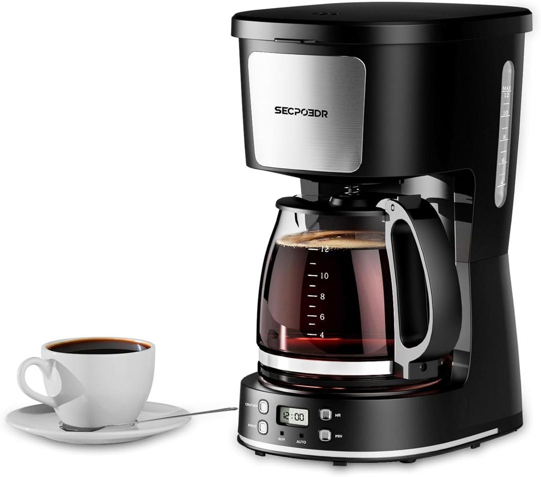 12-Cup Drip Coffee Maker with Reusable Filter,Programmable Clock,Auto Brew,Water Window,Keep Hot Plate,Glass Carafe,Compact Design for Kitchen,Office,Silver and Black,Stainless Steel