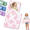 Primlect Lightweight Toddler Nap Mat, Portable Rolled Design Perfect for Daycare Travel, 51x31 All-in-One Sleeping Bag with Removable Pillow and Fleece Blanket for Boys Girls, Machine Washable (Pink Bow)