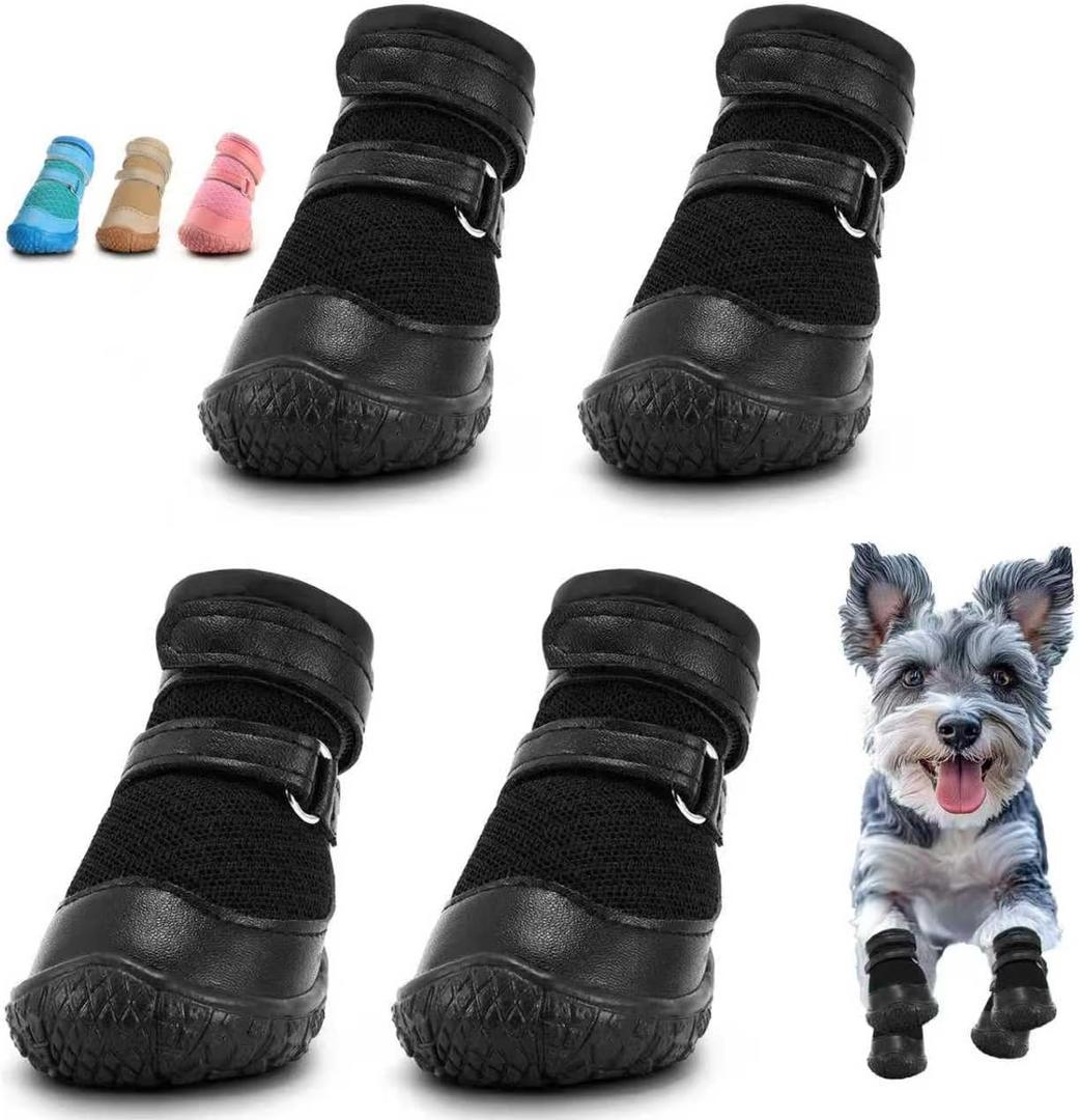 Dog Shoes for Small Dogs, Dog Boots & Paw Protectors for Hot Pavement Winter Snow Hiking, Anti-Slip Dog Booties for Hardwood Floor Black Size 1