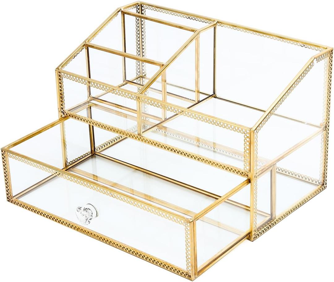 Vintage Gold Makeup Organizer - Glass Makeup Organizer Countertop Organizer for Make-Up Brushes Vanity, Tabletop Organizer Display Case for Bathroom, Vanity, Drawers GJB002 (large)