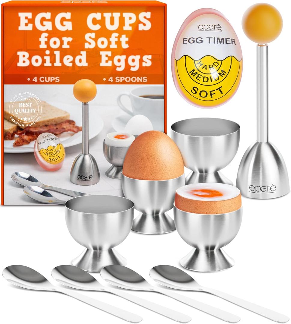 Epar Egg Cups for Soft Boiled Eggs with Spoons & Egg Timer - Stainless Steel Egg Topper - Durable Egg Opener Topper Cutter - Giftable Egg Cracker Tool for English Breakfast