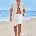 JMIERR Mens Shorts Linen Cotton 7" Casual Elastic Waist Drawstring Lightweight Summer Beach Shorts with Pockets (White, L)
