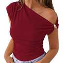 PRETTYGARDEN Womens Summer Off The Shoulder Crop Tops Ribbed Going Out Fitting T Shirts Trendy Spring Y2k Clothes 2026(Burgundy,Medium)