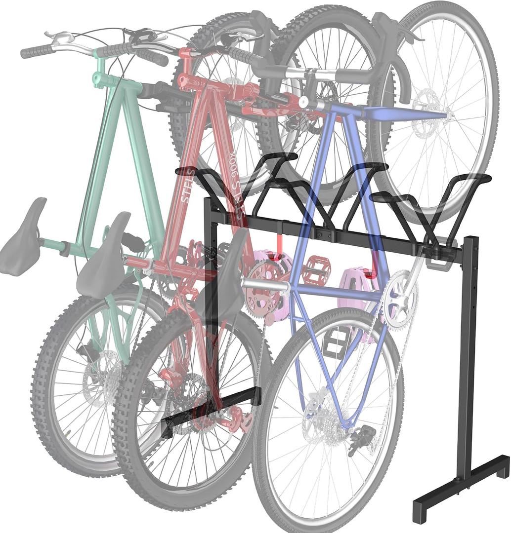 Sttoraboks 3 Bikes Floor Stand, Adjustable Bicycle Parking Rack with Hook for Garage, Indoor, Outdoor, Metal Cycle Storage Organizer Rack for Mountain, Road and Kids Bikes, Max Tire Width 2.5, Black