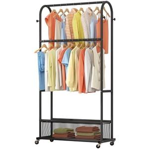 MOYIPIN Double Rods Clothing Rack with Wheels,Clothing Organizer for Hanging Clothes Coat Scarves Bags,Multi-functional Bedroom Garment Rack,4 Hooks,Black