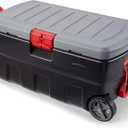 Rubbermaid ActionPacker 35 Gallon, Made in USA, Lockable Plastic Storage Bin with Lid and Wheels- Outdoor, Industrial, Rugged, Camping Gear and Truck Bed Storage - Gray and Black