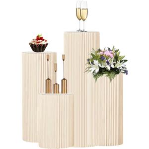 4Pack Cylinder Pedestal Stand, Round Display Cupcake Dessert Table with Clear Acrylic Plate, Foldable Showcase Platform Column for Wedding Banquet Decorative (Beige)