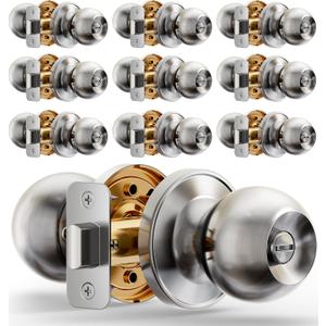 Veise Interior Door Knob 10-Pack, Keyless Privacy Door Locks for Bedroom & Bathroom, Thumb Lock & Emergency Release, Rust-Proof Metal, Easy to Install, Modern Round Doorknobs Set, Brushed Nickel