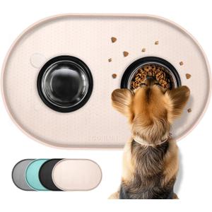 Dog Food Mat,Raised Edges Pet Food Mats for Spill Containment,BPA-Free Silicone Cat Dog Feeding Mat for Floor Waterproof,Rubber Pet Placemats for Food and Water Bowls 1/2 Inch (Natural Tan)