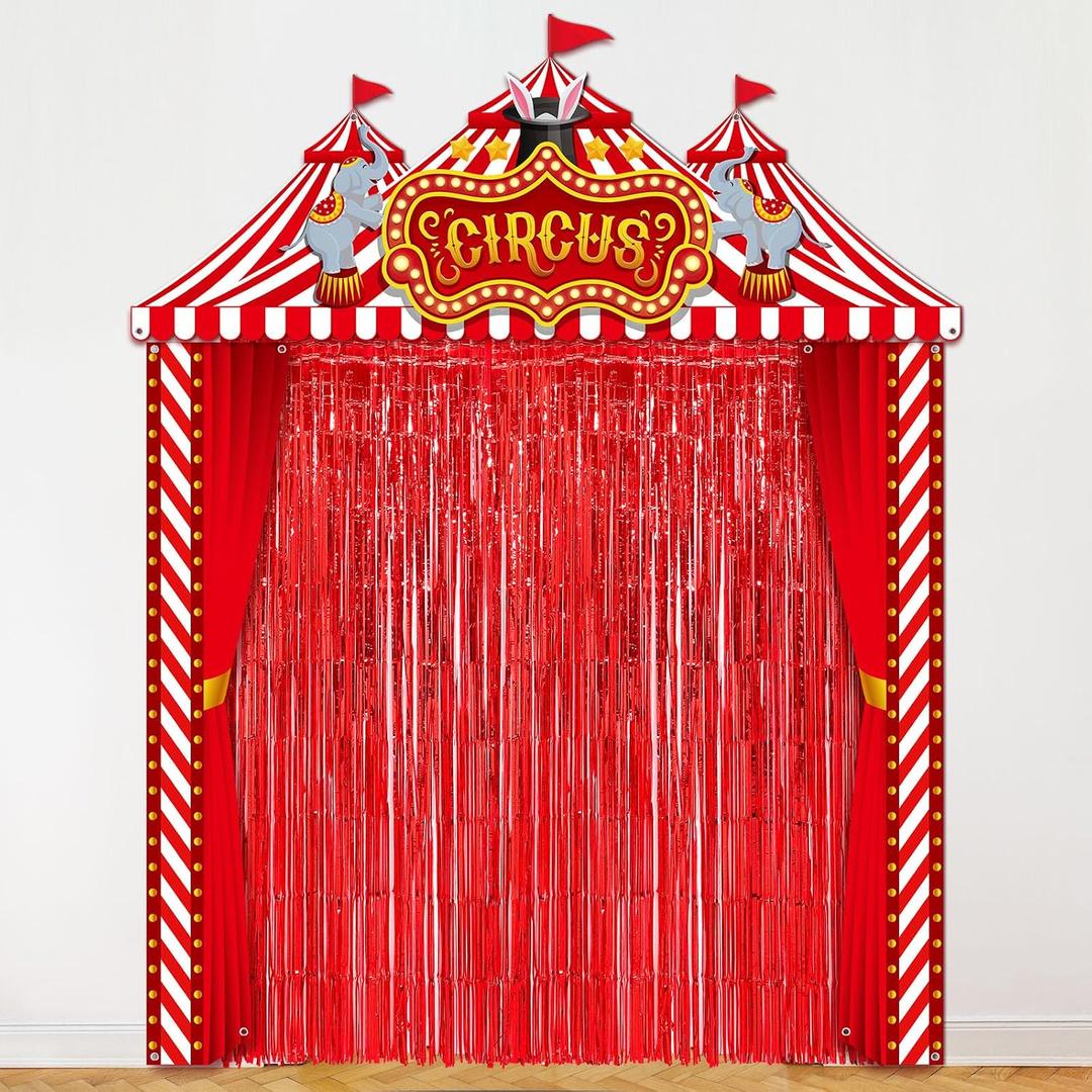 Tingjoo 6 Pcs Carnival Circus Party Decorations Set Red and White Circus Tent Door Cover Banner with Red Tinsel Fringe Curtain Backdrop Striped Awning Halloween Clown Theme Birthday Supplies