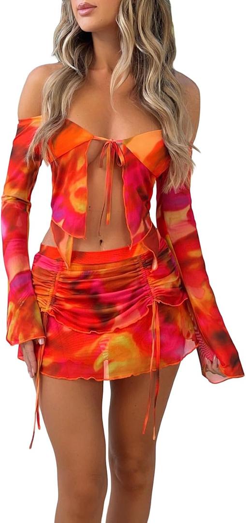 Women's Summer 2Pcs Outfits Tie-Dye Print Cropped Tops + Ruched Drawstring Mini Skirt Set Party Beach Suit M