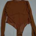REORIA Women's Trendy Sexy Crew Neck Thumbholes Long Sleeve Sheer Mesh Going Out Bodysuit Tops (Brown) XL