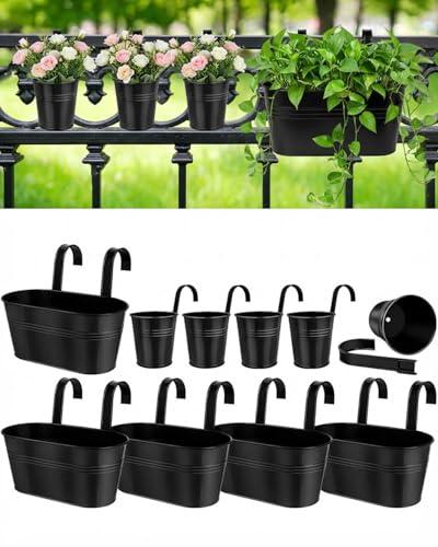 vensovo 10 Pcs Metal Railing Planters Set, 10.8" Oval & 3.9" Round Hanging Flower Pots with Detachable Hooks, Black Fence Planter Baskets for Outdoor Plants, Herbs & Succulents, Garden Decor