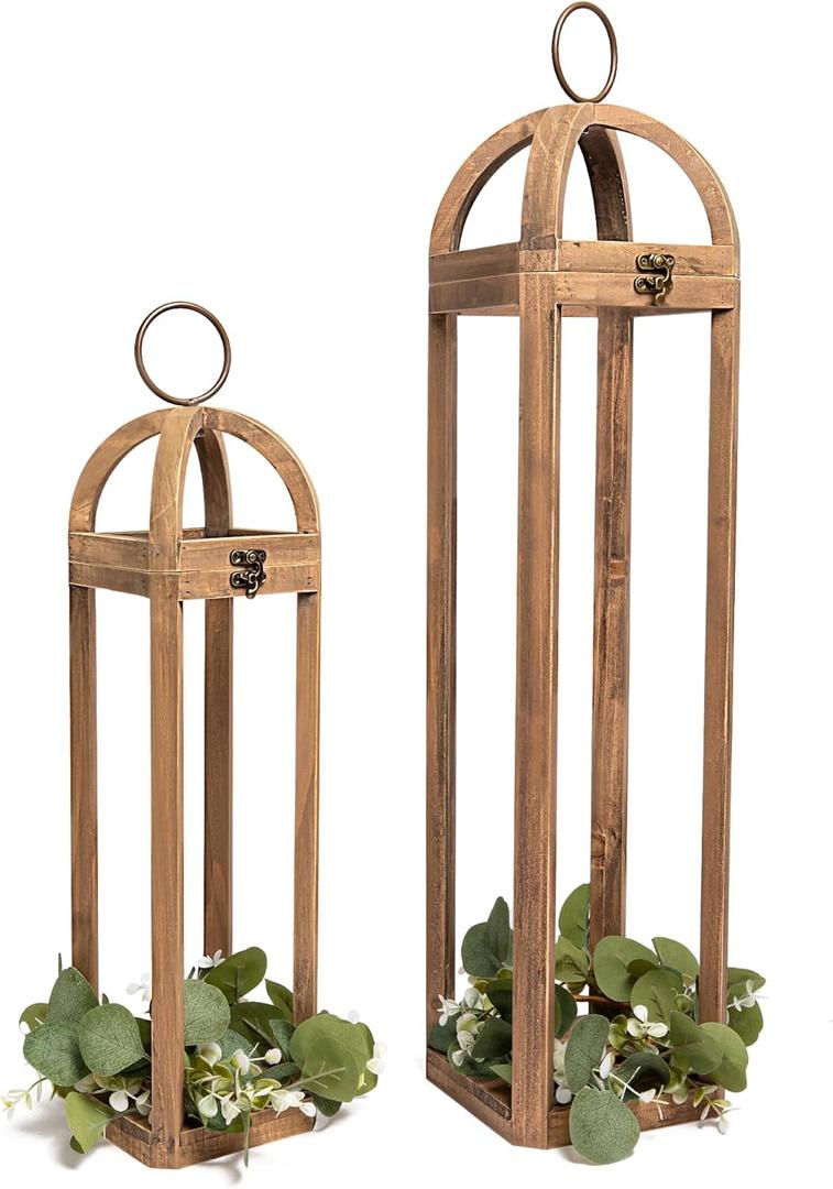 HPC Decor Large Rustic Farmhouse Lantern Decor Set of 2, Tall 30 Vintage Wooden Lanterns, Modern Candle Lanterns Decorative w/Light String and Garland for Home, Indoor,Outdoor,Fireplace Mantle Decor
