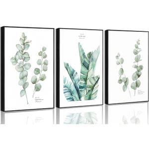 3Pcs Sage Green Botanical Canvas Wall Art Minimalist Green Eucalyptus Leaf Plantain Jungle Painting Picture Wall Decor Posters Prints Artwork For Living Room Bedroom Office Kitchen Home Decor Unframed, 16"x24"