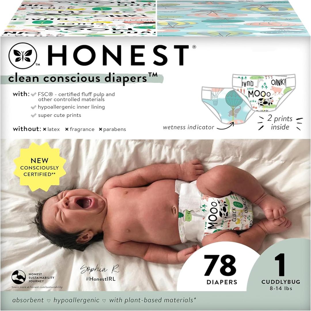 The Honest Company Clean Conscious Diapers for Sensitive Skin | Hypoallergenic, Fragrance Free | Gender Neutral Prints | Club Box, Size 1 (8-14 lbs), 78 Count (Size 1 (78 Count), Above It All + Barnyard Babies)