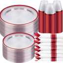 BESTSTAR 350PCS Clear and Red Disposable Plates Set for 50 Guests, 100 Plastic Plates, 50 Plastic Cups, 50 Pre-Rolled Napkins with Cutlery for Party, Christmas, Thanksgiving, Birthday, Halloween