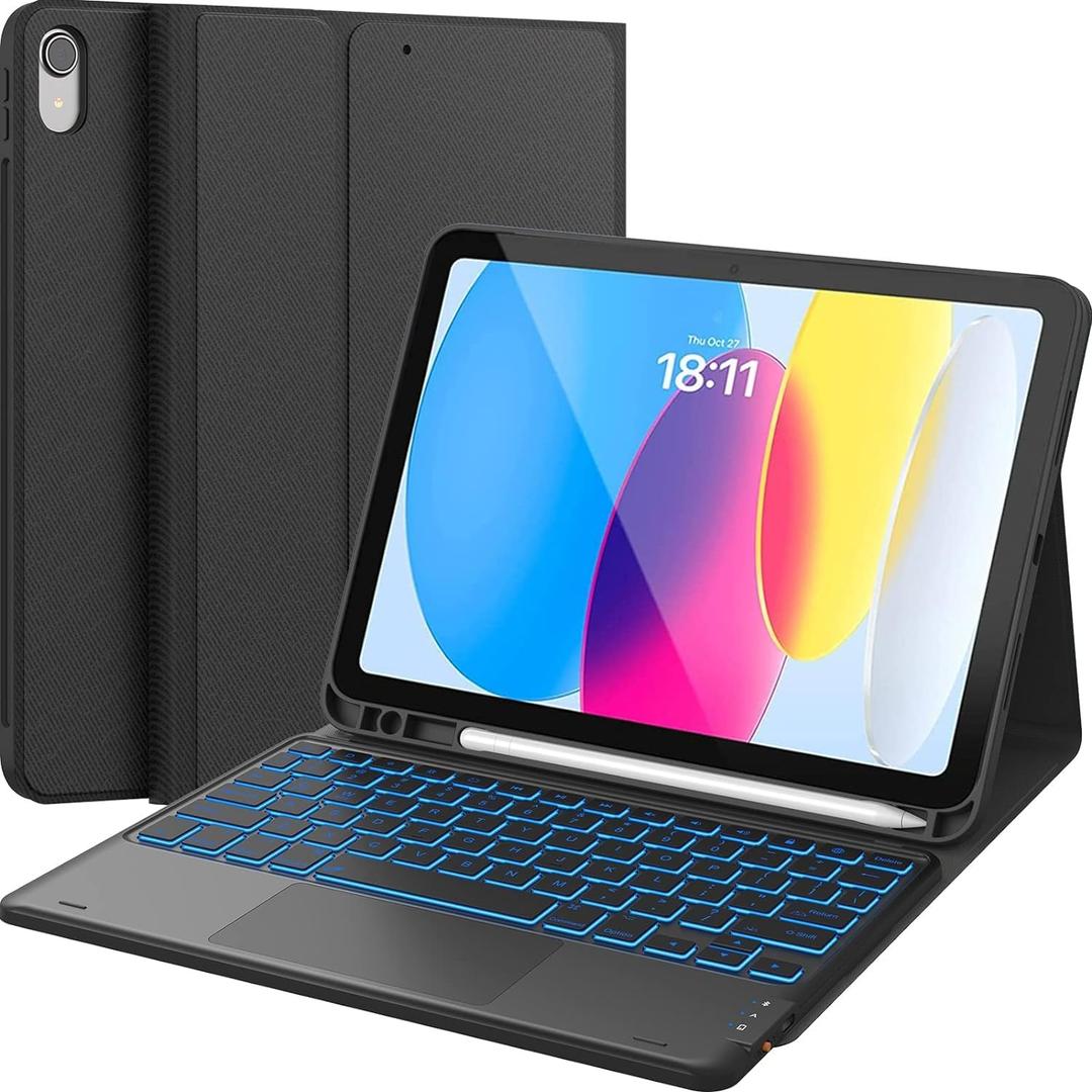 CHESONA for iPad 10th Generation Case with Keyboard, 7 Color Backlight, Multi-Touch Trackpad, Flip Stand Case with Pencil Holder, 2 Wireless Channels for iPad (A16) 11th/10th Gen (2025/2022), Black