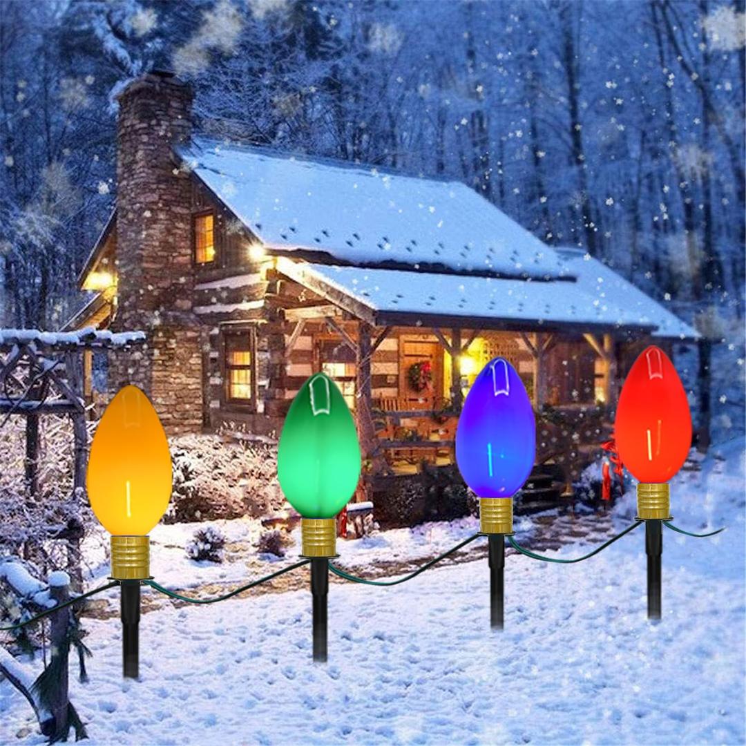 C9 Christmas Pathway Stake Lights, 7Ft String Lights with 4 Jumbo C9 Multicolor LED Bulbs, Stake, Christmas Decorations for Outdoor Garden Walkway
