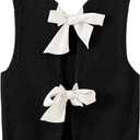 Womens Cute Bow Tie Open Back Cropped Sweater Vest Knit Tank Tops Y2k Girls Sleeveless Cardigan Pullover Shirts M