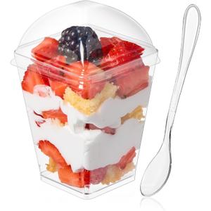 Soelomu 5oz Plastic Dessert Cups with Dome Lids and Spoons, 50 Pack Mini Clear Parfait Cups Square Party Serving Cup for Pudding, Appetizer, Fruit and Ice Cream