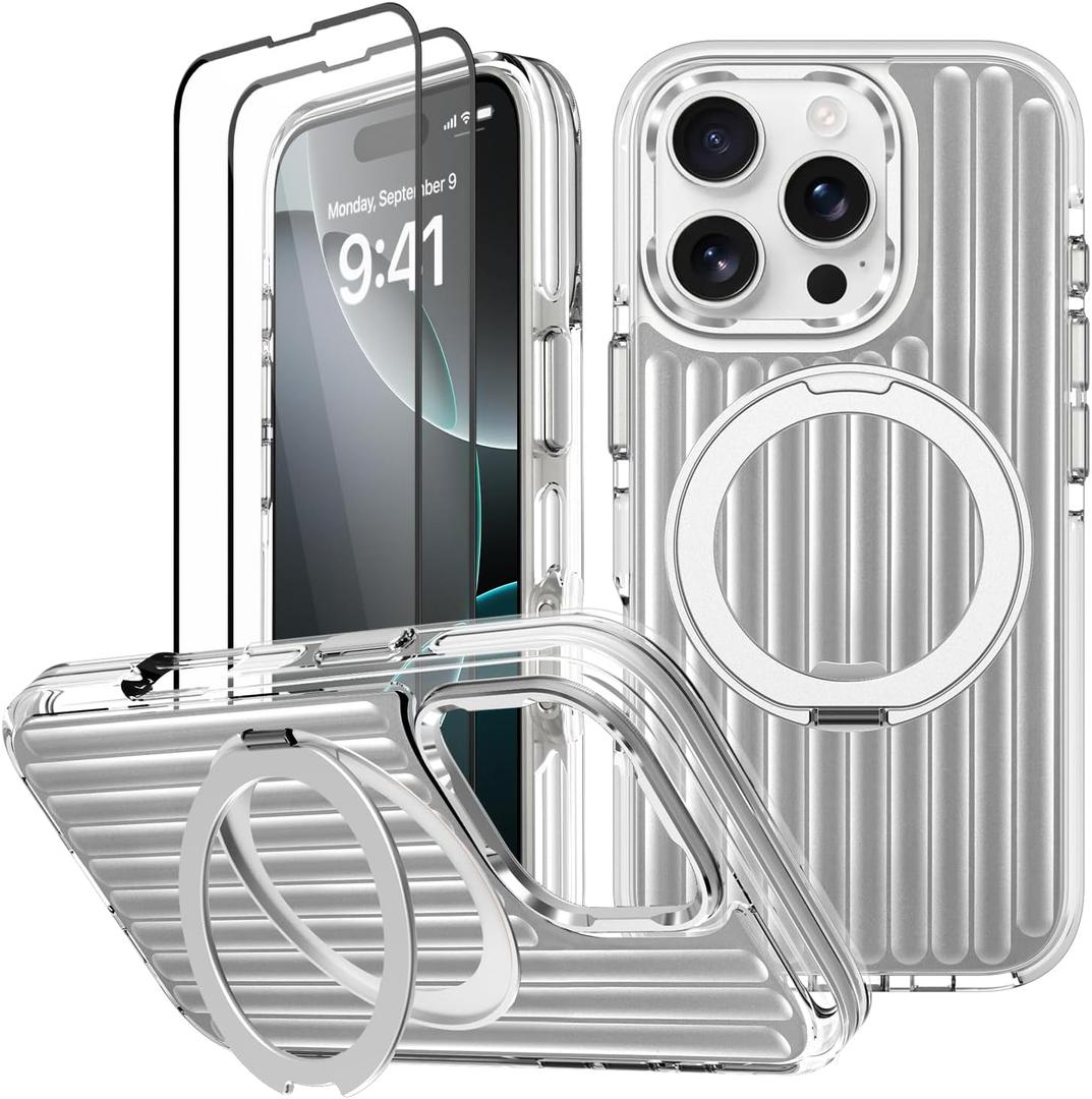 Magnetic Case for iPhone 16 Pro Max Case with Stand & 2x Screen Protector [Compatible with MagSafe] Military Grade Drop Protection Phone Cover with Ring Kickstand for Women Men, Silver Suitcase