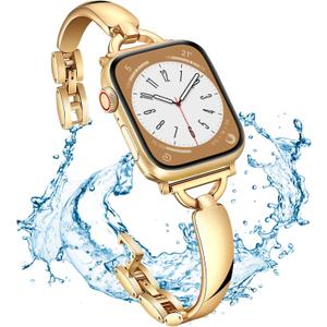 Jullstar Stainless Steel Band Compatible Apple Watch Bracelet Band Women Slim 38mm 40mm 41mm, Dressy Thin D-shape Metal Jewerly Bangle for iphone watch series ultra 8 7 6 5 4 3 2 1 Girl-gold38