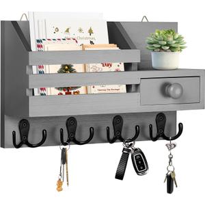 Key Holder Wall Mount, Wooden Adhesive Mail and Key Organizer with Drawer, Small Shelf, 8 Hooks, 2 Installation Methods, Gray