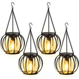 KOOPER Solar Lanterns Outdoor Waterproof, 4 Pack Upgraded Metal Hanging Solar Lights Outdoor Lanterns, Brighter Auto On/Off Outdoor Hanging Lantern for Yard Patio Pathway Porch Garden Decor Black