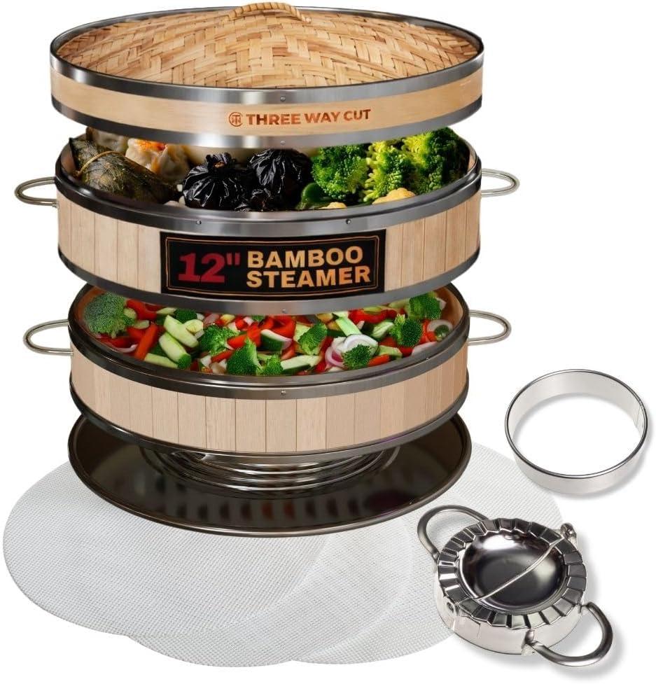 Bamboo Dumpling Steamer Basket 12 Inch & Accessories Set, 2 Tier Bamboo Steamers for Cooking, Steam Basket Dumplings, Bun, Dim Sum, Vegetables, Seafood, Rice Natural Asian Kitchen Steamer Cookware Kit