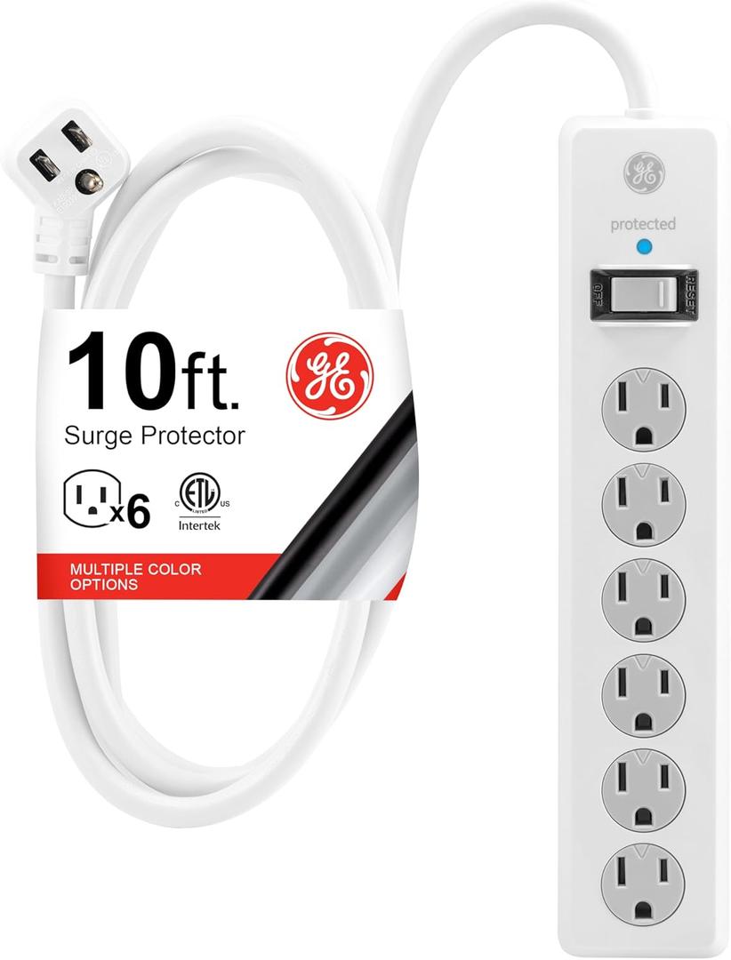GE 6-Outlet Surge Protector, 10 Ft Extension Cord, Power Strip, 800 Joules, Flat Plug, Twist-to-Close Safety Covers, ETL Listed, White, 14092