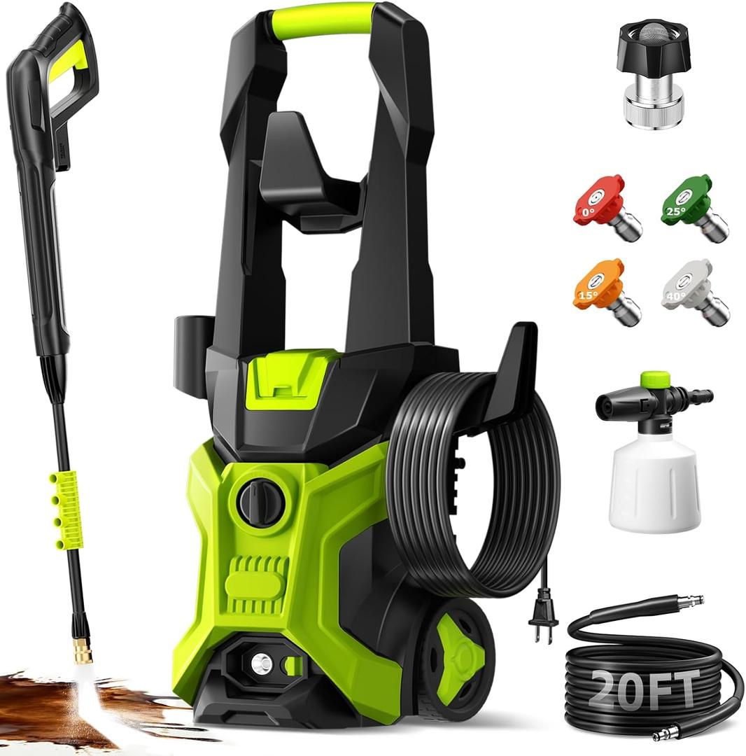 Electric Pressure Washer - 2.5 GPM Portable Lightweight Power Washer, 4 Quick-Connect Nozzles & Adjustable Soap Tank Pressure Washers for Cars, Driveways, Patios, Fences, Decks, Facade, Home Cleaning