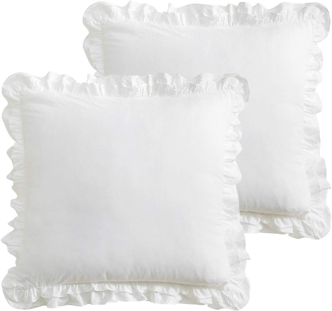 2 Pack White Ruffled Euro Shams Pillow Covers, Washed Cotton 26x26 inches Farmhouse Bed Pillowcases (White, 26x26 inches)