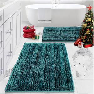 Civkor Bathroom Rugs Sets 2 Piece Dark Teal, Bath Mats for Bathroom Non Slip Washable, 31x20 and 24x16 Inches Luxury Shiny Chenille Bath Rugs, High Absorbent Water and Quick Dry for Doormat