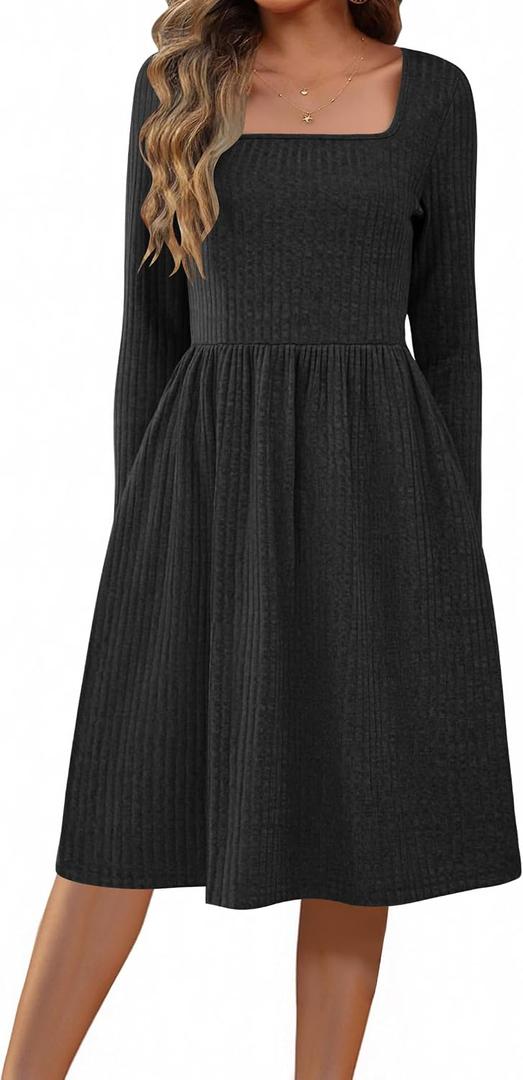 ZEAGOO Women Dresses Spring Fall 2026 Sweater Dress Long Sleeve Casual Knit Dresses with Pockets (Black, L)