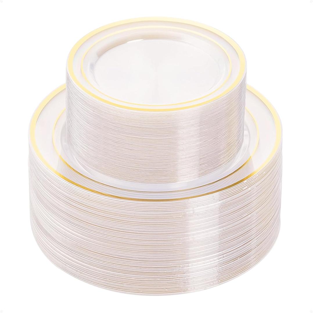 BESTVIP 100PCS Clear Plastic Plate, Disposable Party Plates with 50 Dinner and 50 Dessert Plates, Plastic Plate for Party, Wedding and Birthday