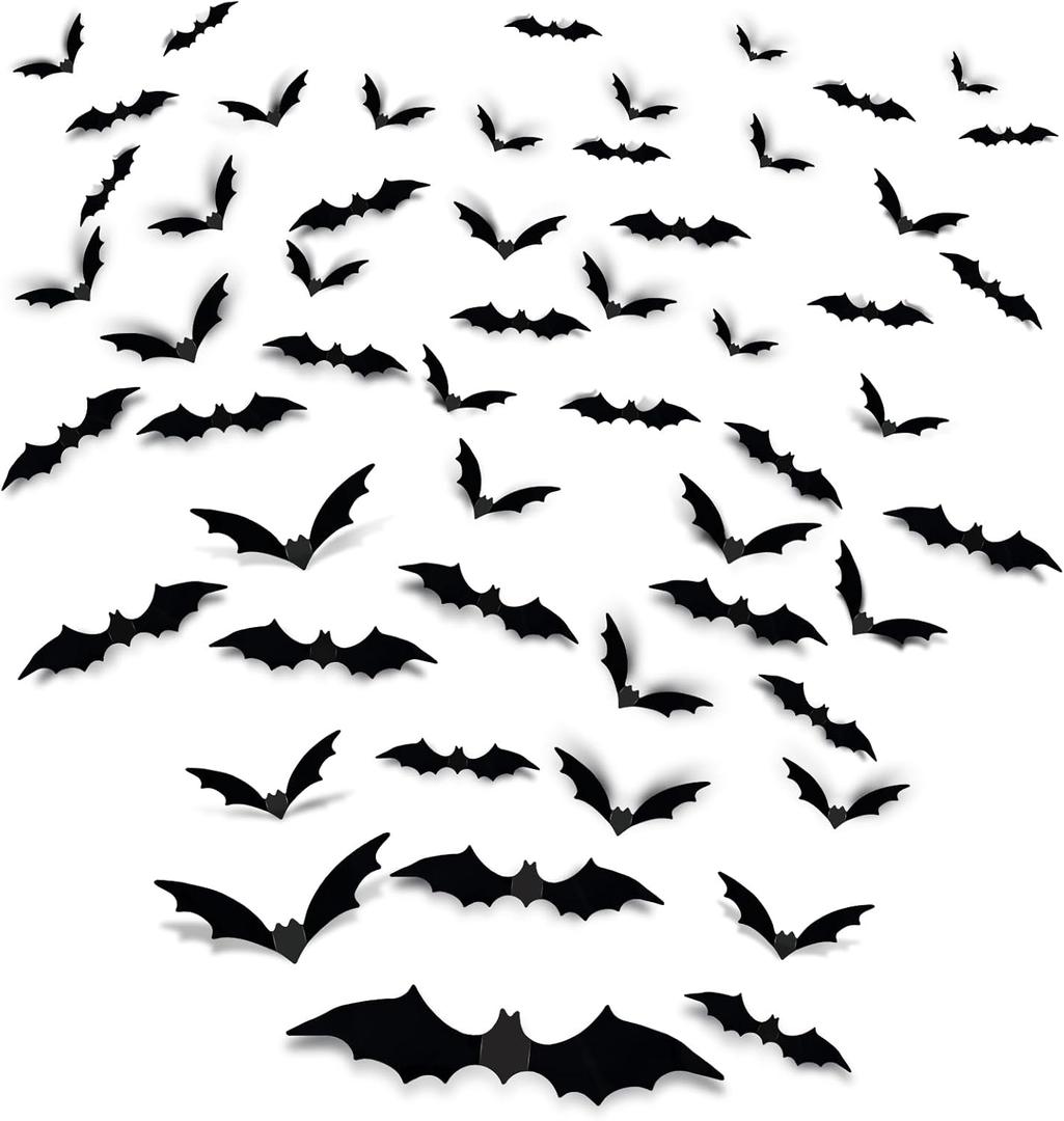 4 x 3D Halloween Bats Decorations Party Supplies,120PCS Bat Stickers for Wall with 4 Different Sizes, Black PVC Bats for Halloween Party Decorations Indoor