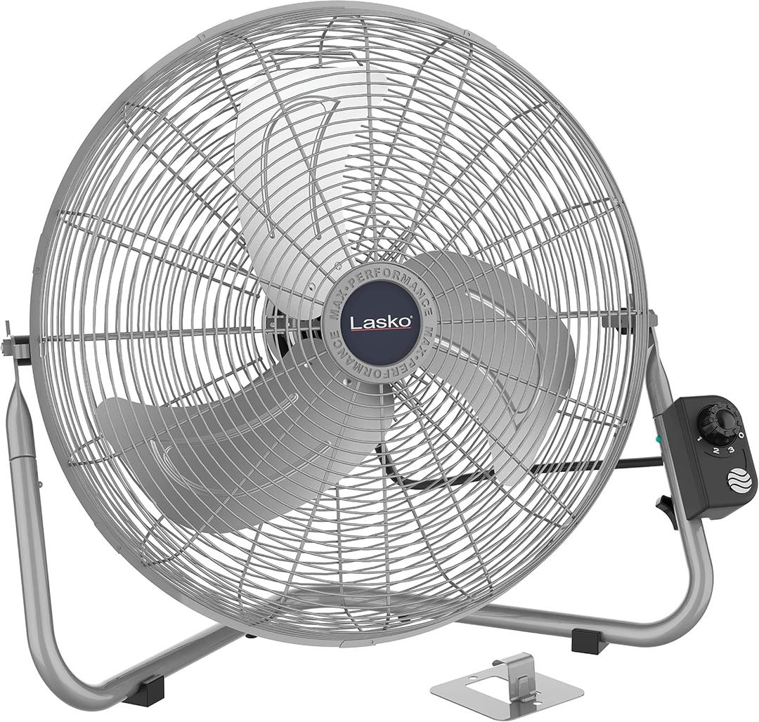 Lasko 20" Silver High Velocity Wall Mount Fan with Pivoting Head - 3 Speeds, Ideal Wall Mount Fan or Floor Fan for Home, Garage, Attic, 2265QM