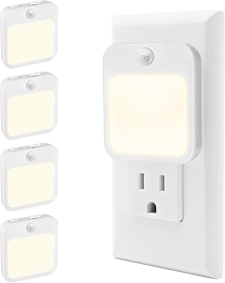 Plug-in Night Light with Motion Sensor, Dusk-to-Dawn Light Sensor, Stepless Dimming LED Night Lights for Bedroom, Hallway, Bathroom, Kids Room, Energy Efficient, 4-Pack