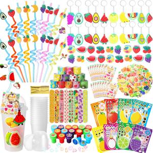 FoldTier 189 Pcs Fruit Party Favors Fruit Themed Party Decorations Gift Cup Silicone Ring Keychain Slap Bracelet Reusable Drinking Straws Stickers Stamp Thank You Tags for Kids Classroom Prizes