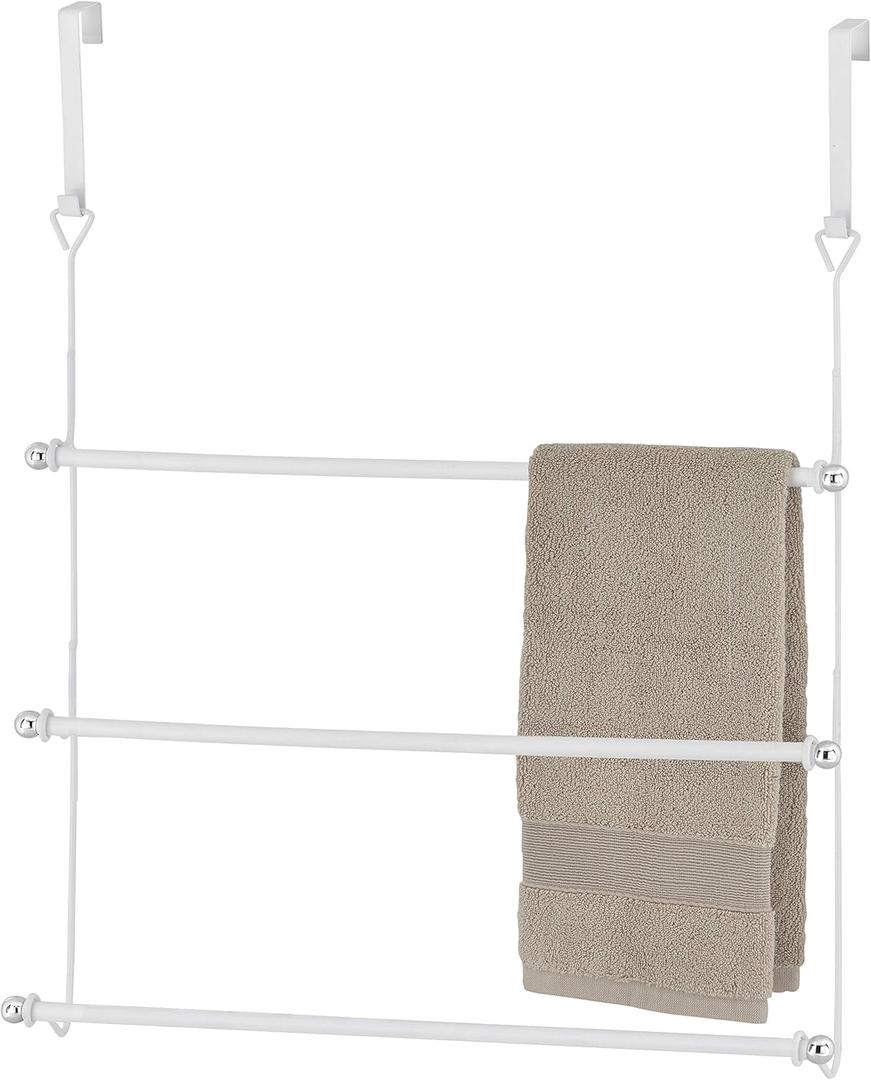 MyGift 3 Tier White Metal Over The Door Bathroom Towel Rack, Small Space Extra Storage Towel Bar Hanger