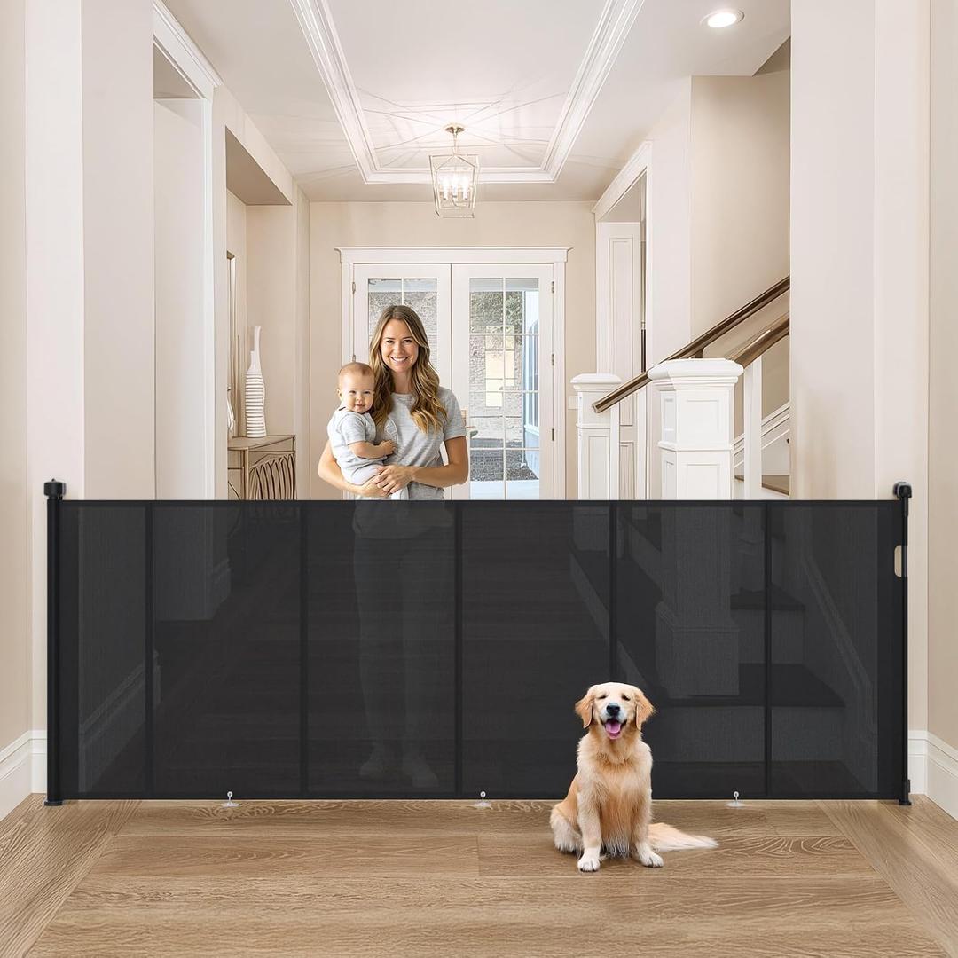 Upgrade Retractable Baby Gates Extra Wide (150" W x 42" H), 150 inch Reinforced Retractable Dog Gate to Prevent Crawling Through, Retractable Gate Outdoor/Indoor, Real One-Handed Operation, Black