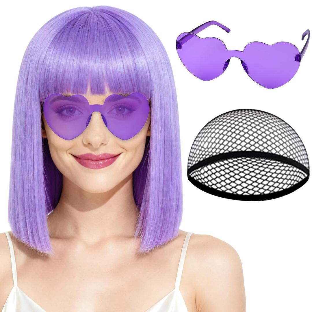 PLULON Light Purple Bob Wig with Bangs, Short Straight Bob Wig with Heart Sunglasses 12 Inch Shoulder Length Heat Resistant Synthetic Hair Cap for Women Natural Look Daily Use Cosplay Costume Party