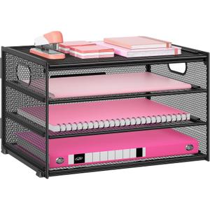 Lavatino 3-Tier Letter Tray Desk Organizer, Mesh Metal Paper File Tray Organizer for Desk, Office Supplies & Home Organization, Fits A4 Paper, Mail, Magazines & Office Accessories (Black with Handle) (12.6" x 9.1" x 7.6")