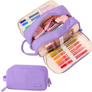 Nuozme 3 Compartment Pencil Case, Extra Large Capacity School Supplies Pencil bag with Easy Handle, Soft Corduroy Pencil Pouch, Aesthetic Supply Pen Case Bag Organizer For Teen Girls College (Purple), Pack Of 2