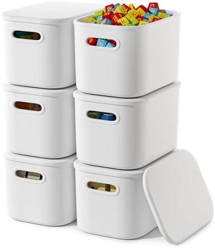 Amazon.com - 6 Pack White Storage Bins with Lids Stackable Storage Container for Organizing, Small Storage Boxes with Handle for Shelves, Cute Organizer Bins for Craft, Snacks, 9.85x6.9x5.7 inch