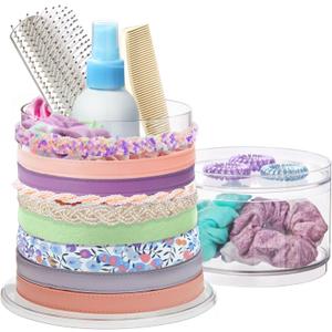 Stackable Clear Plastic Hair Accessory Organizer Set | Round Headband and Hairbrush Holder Stacks on The Storage Containers with Tray LidStackable 2-Tier Cylinder Organizer