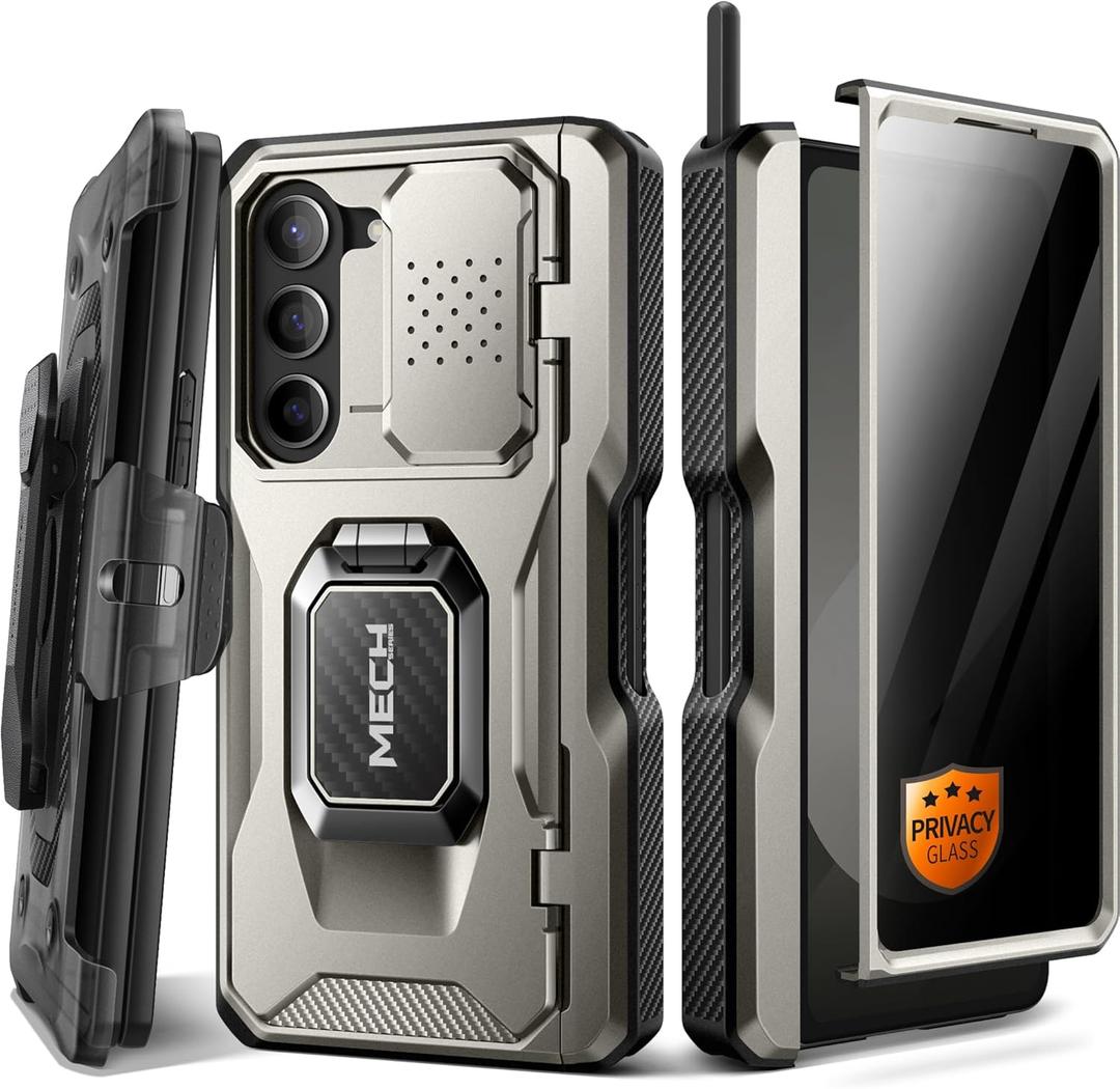 TONGATE for Z Fold 6 Case with Ring Stand, Built-in S Pen Holder & Glass Screen Protector Shockproof Rugged Z6 Phone Case with Camera Cover & Belt Clip for Samsung Galaxy Z Fold6 2024,Titanium Gray