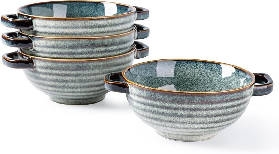 GBhome Ceramic Soup Bowls with Double Handles, 24 OZ Soup Cups Set for Soup, Cereal, Stew, Salad, Noodles, RamenMicroware &Dishwasher Safe, Set of 4 (Space Blue)