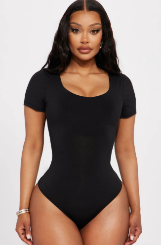 Women's Black Round-Neck Thong Bodysuit, Black, Size S